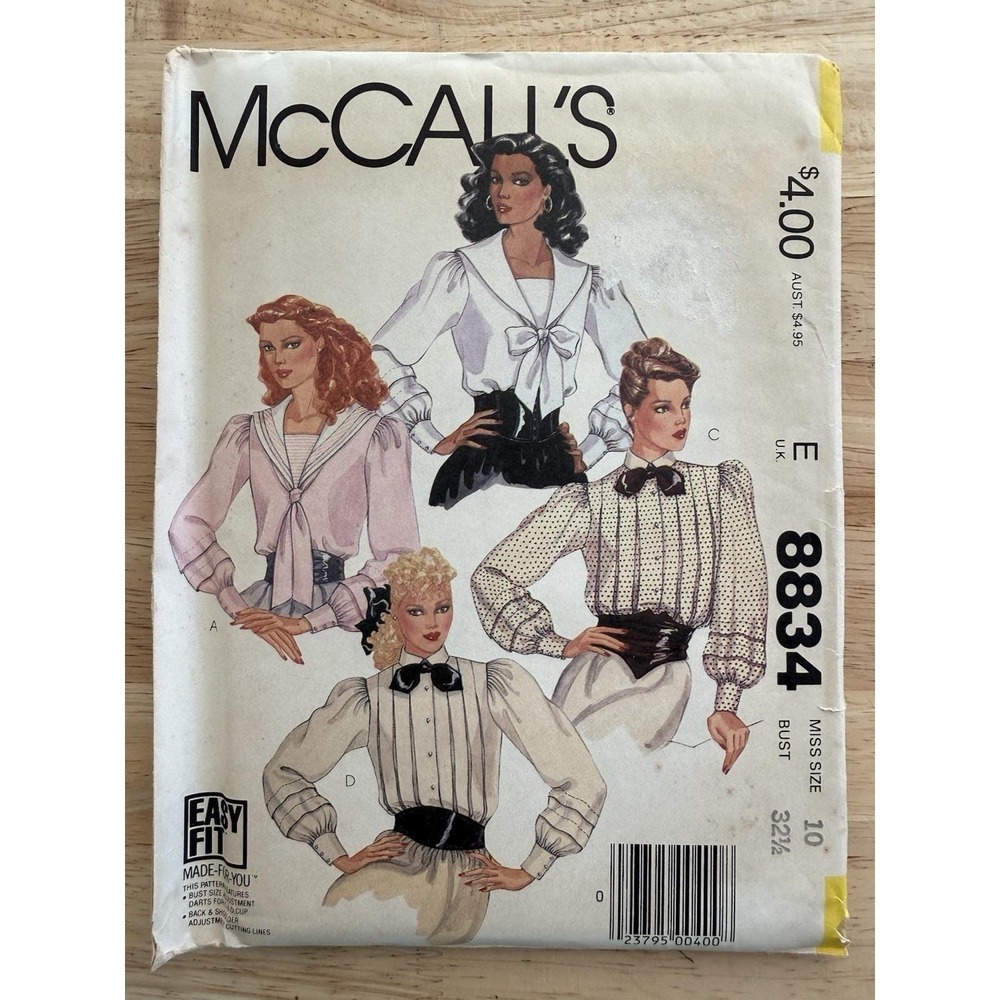 McCall's Easy Fit Made For You Pattern 8834 Misses' Blouses & Ties Size 10 Uncut